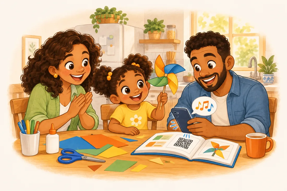 Família reunida à mesa, com a filha mostrando um catavento e o pai apontando o celular para o QR code do livro
